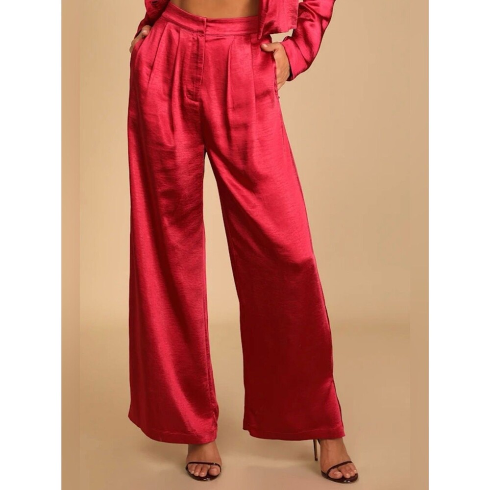 Lulus NWT Women Small Cherry Berry Red Satin Silky Wide Leg Trouser Pants Fall
